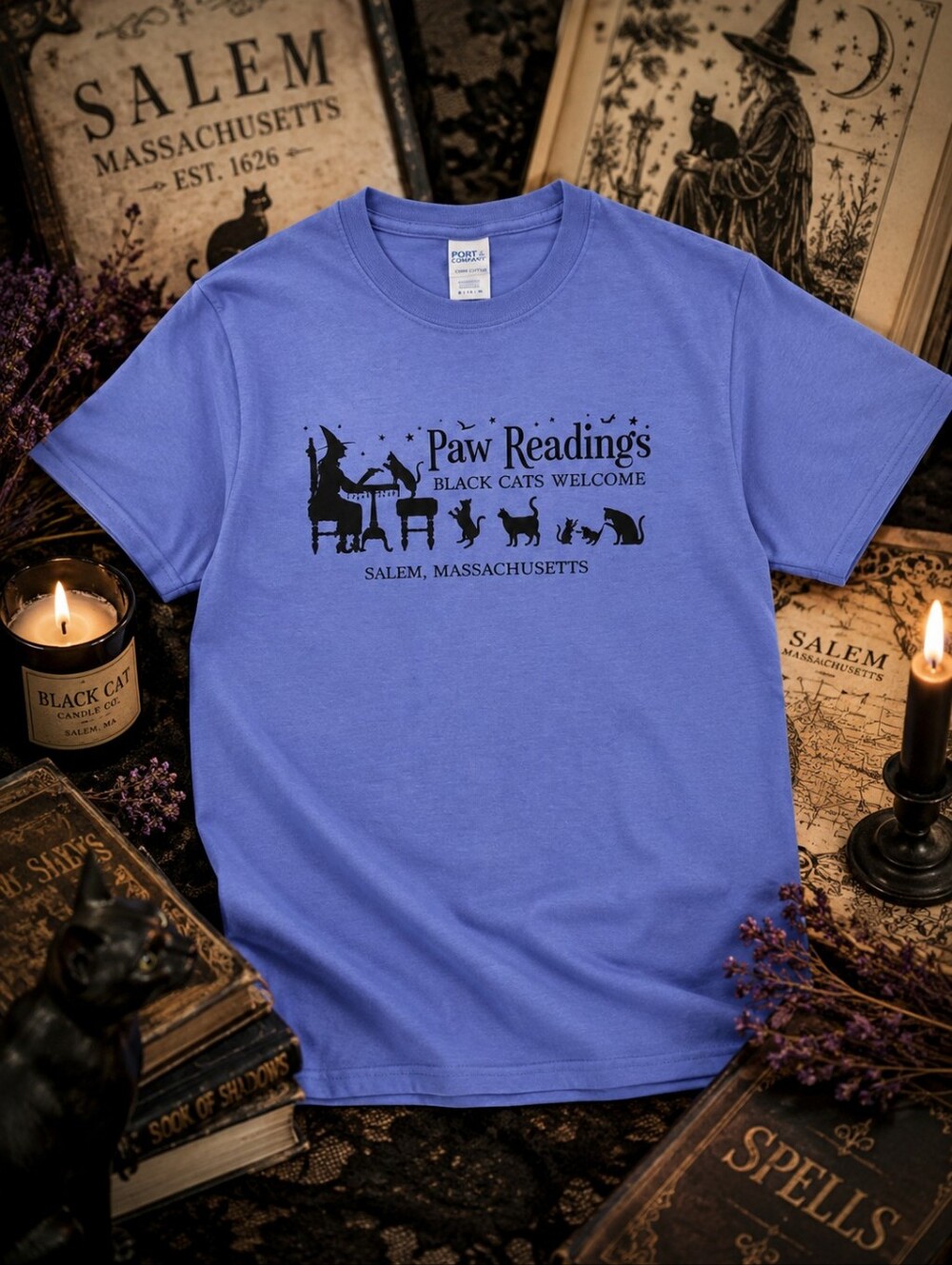 Salem MA Paw Readings Black Cat Witchy Graphic Tee Blue NWOT Small - Picture 1 of 4